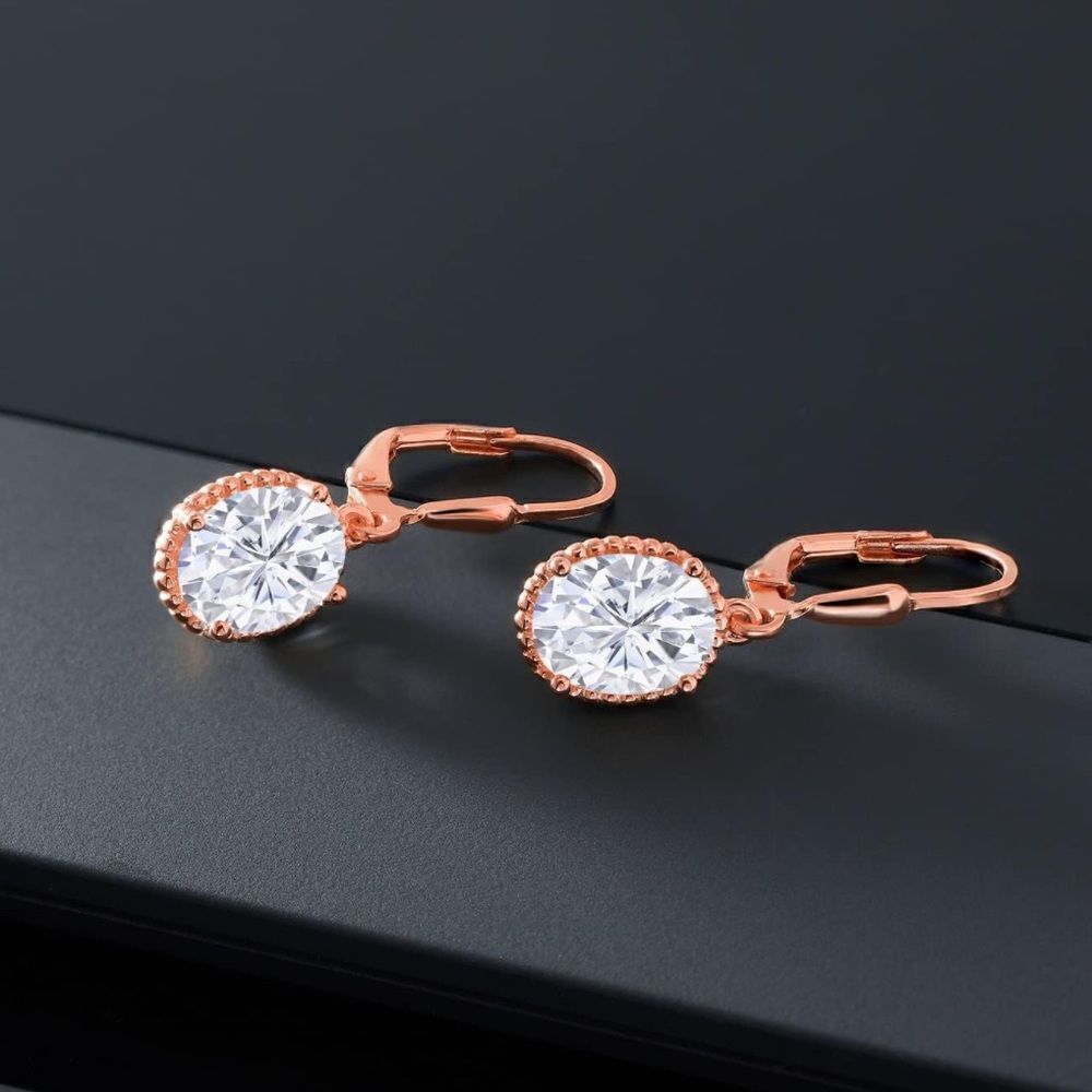 18K Rose Gold 925 with 4.20 Cttw White Moissanite Oval Leverback Hook Earrings - Picture 2 of 4